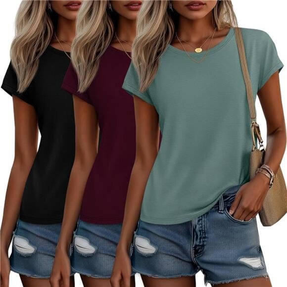 3 Pack Women's Cap Sleeve Tops Basic Cotton Tee Shirts Summer Casual - Picture 1 of 7